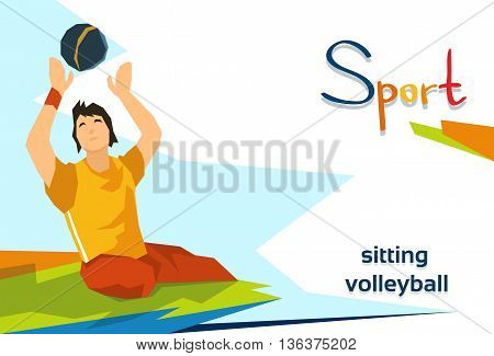 Disabled Athlete Play Sitting Volleyball Sport Competition Flat Vector Illustration