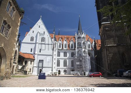 MEISSEN, GERMANY - JUNE 5, 2013:Detail of the cathedral of Meissen castle courtyard Albrechtsburg