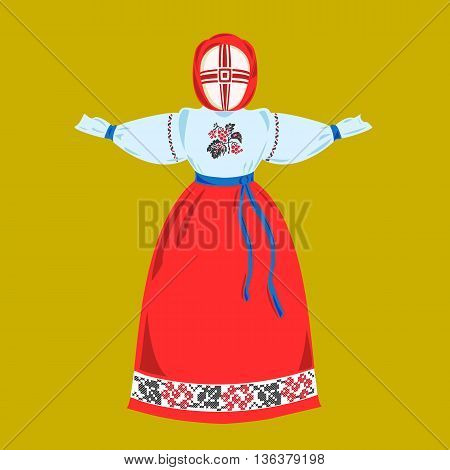 Ethnic Ukrainian red-blue doll motanka in embroidered clothes. Can be used as a greeting card book and cover . Vector illustration.