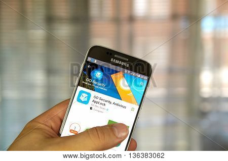 MONTREAL CANADA - JUNE 24 2016 : Go Security application on Samsung S7 screen. GO Security is a popular android application security app.