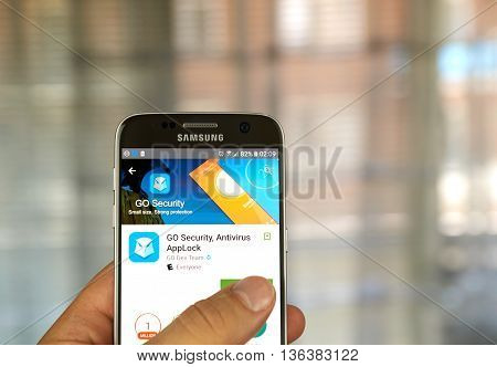 MONTREAL CANADA - JUNE 24 2016 : Go Security application on Samsung S7 screen. GO Security is a popular android application security app.