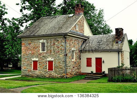 Quarryville Pennsylvania - June 5 2015: Fieldstone home where Robert Fulton the inventor of the steamboat was born on November 14 1765