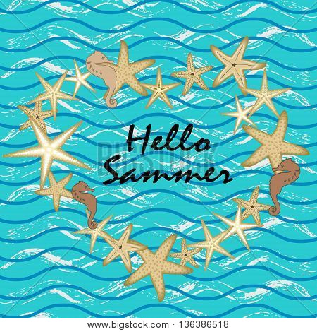 Marine theme. Starfish on a blue background.Waves, sea ocean