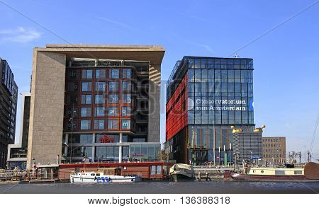 AMSTERDAM, NETHERLANDS - MAY 6, 2016: The buildings of Library and Conservatorium van Amsterdam.The Conservatorium van Amsterdam is the largest music academy in Netherlands.