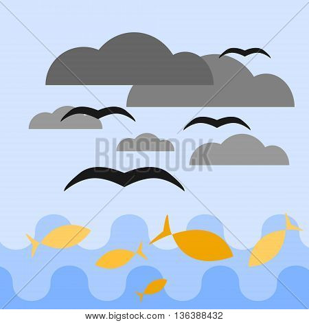 Blue sea and sky. Yellow fish are swimming in the sea. Black birds are flying above them among dark grey clouds. Vector illustration.