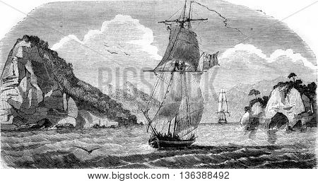 New Zealand, Entry in the Bay Akaroa, vintage engraved illustration. Magasin Pittoresque 1843.