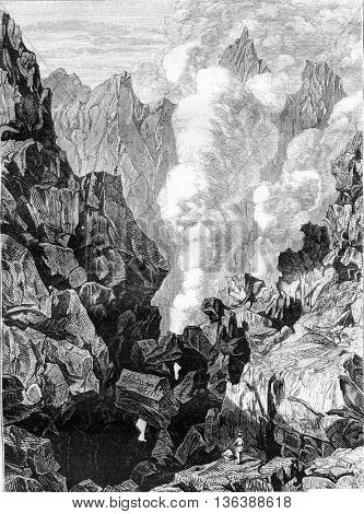 La Soufriere volcano in Guadeloupe, vintage engraved illustration. Magasin Pittoresque 1843.