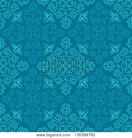 Traditional Indian pattern with round floral elements in shades of blue. Seamless repeat.