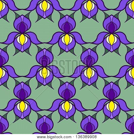Colorful stylized iris flowers on green background. Seamless repeat.