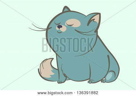 fat blue cat with a bushy tail and a spot on the eye sits and smiles dreamily narrowed eyes. Animal cartoon style vector illustration