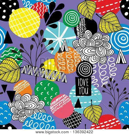 Seamless background with yellow leaves and design elements. Vector repeated pattern.
