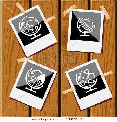 4 images: globe and gears, globe and loupe, globe and lock, globe and arrow. School globe set. Photo frames on wooden desk. Vector icons.