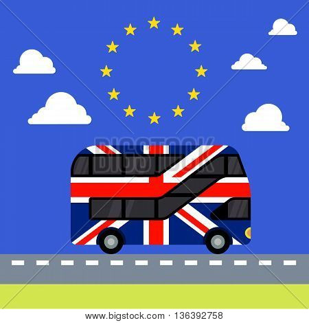 Double-decker bus painted in the United Kingdom flag colors flat color illustration. UK leaves the tunnel painted in the colors of the European Union flag with stars