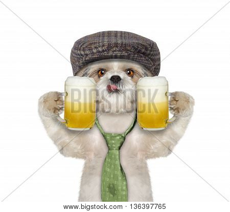 Dog drinks beer and greeting somebody -- isolated on white