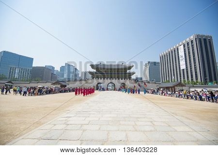 SEOULSouth Korea - MAY 22: Changing of the Royal guard ceremony at the Gwanghwamun main Gate of Gyeongbokgung Palace. MAY 22 2016 in Seoul South Korea