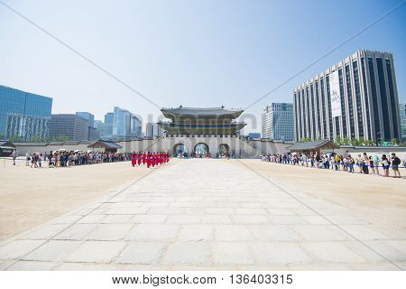 SEOULSouth Korea - MAY 22: Changing of the Royal guard ceremony at the Gwanghwamun main Gate of Gyeongbokgung Palace. MAY 22 2016 in Seoul South Korea