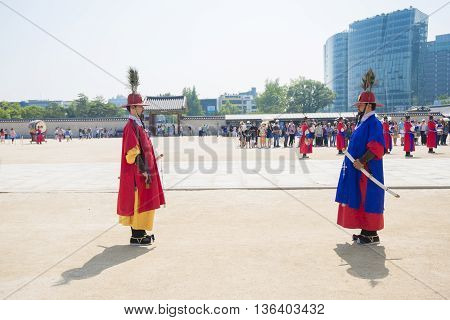 SEOULSouth Korea - MAY 22: Changing of the Royal guard ceremony at the Gwanghwamun main Gate of Gyeongbokgung Palace. MAY 22 2016 in Seoul South Korea