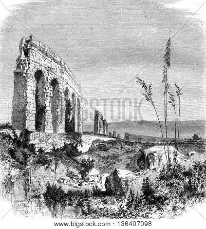 Ruins of the Anio Novus, vintage engraved illustration. Magasin Pittoresque 1861.

