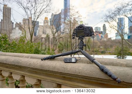 NEW YORK - CIRCA MARCH 2016: digital camera for taking timelapse in Central Park. Central Park is an urban park in middle-upper Manhattan, within New York City.