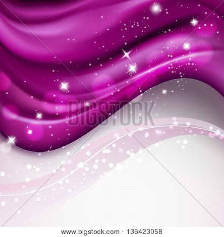 wavy silky purple background with sparkling particles. vector