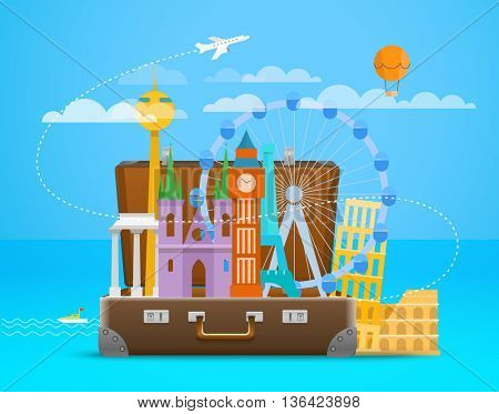 Vacation travelling composition with the open bag. Touristic sighns concept
