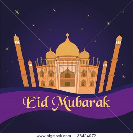 happy eid mubarak islamic greetings with mosque background vector illustration