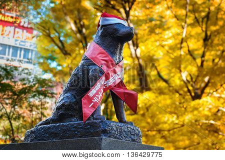 Tokyo, Japan - November 28 2015: Hachiko Statue At Shibuya Station, The Dog Is Remarkable Loyalty To