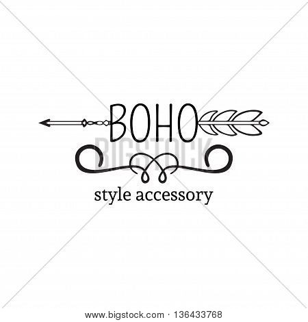 Vector illustration of boho logo. Bohemian logo with arrow. Isolated on white background. Hand drawn.