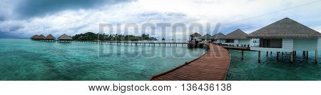 Landscape view of the water bungalows at Maldives Island