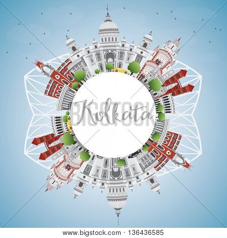 Kolkata Skyline with Gray Landmarks and Copy Space. Business Travel and Tourism Concept with Historic Buildings. Image for Presentation Banner Placard and Web Site.