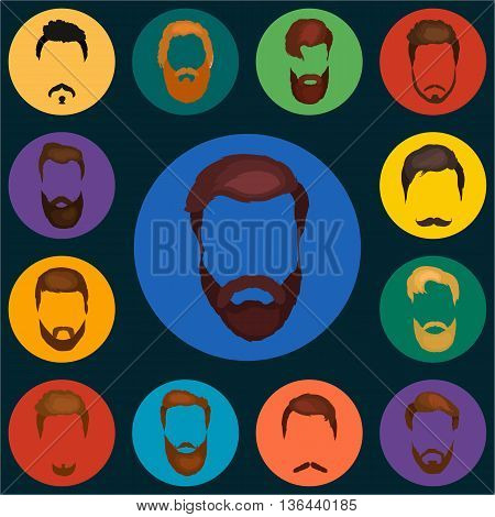 Mans trendy haircut types for burber shop. Isolated collection of mans besrds design, heircut of head heir and mustaches.Hipster hair and beards, fashion vector illustration set.