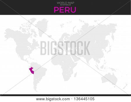Republic of Peru location modern detailed vector map. All world countries without names. Vector template of beautiful flat grayscale map design with selected country and border location