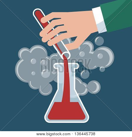 Chemistry, chemical experiment vector illustration. Hand with bulb and test-tube. Science experiment or research medical test