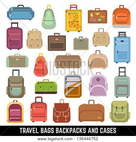 Travel bags backpacks and cases color vector icons. Bag and case for travel, set of icon luggage and bags. Vector illustration