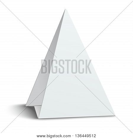 Three-cornered triangular blank paper table card isolated on white background