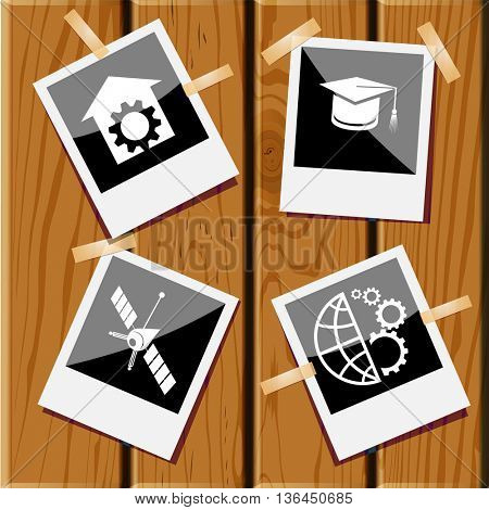 4 images: globe and gears, graduation cap, spaceship, repair shop. Science set. Photo fframes on wooden desk. Vector icons.