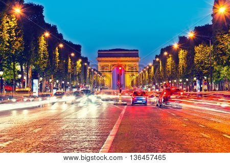 Arch of Triumph and Champs Elysees at dusk, Paris