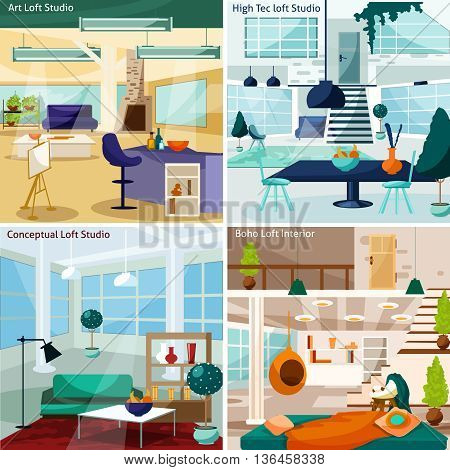 Loft Studio Interior Concept. Loft Room Interior Vector Illustration. Loft Studio Flat Icons Set. Loft Studio Design Set.Loft Studio Isolated Elements.