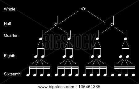 Types of musical notes, white on black background