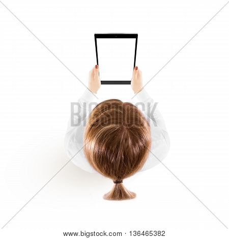 Woman hold tablet pc mockup in hand top view isolated on white. Black mobile ebook mock up holding in female hands from above. Blank tablet screen monitor. Clear vertical display booklet person