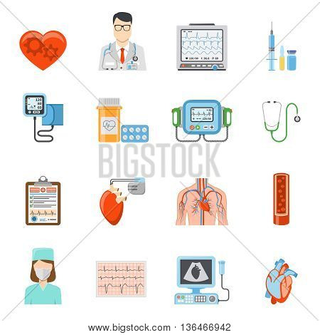 Cardiology flat icons set of medical tools and equipment for heart care and treatment on white background isolated vector illustration