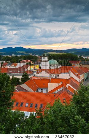 TRENCIN, SLOVAKIA - JUNE 19, 2016: Old town of Trencin as seen from the castle hill on June 19, 2016.