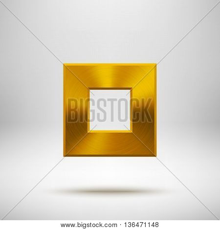 Gold abstract square badge, technology blank button template with metal texture, chrome, silver, steel and realistic shadow for logo, design concepts, apps, web and prints. Vector illustration.