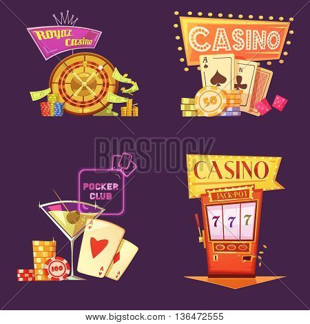 Royal casino retro cartoon 2x2 icons set with poker club slot machine chips and gain on purple background flat isolated vector illustration
