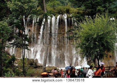 Jiu Zhai Guo, Sichuan China - August 22, 2006: The Nuorling Waterfall in Jiu Zhai Gou National Scenic Park