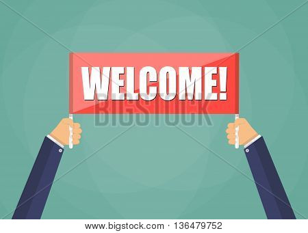 Human hands holding red plate with word Welcome, vector in flat style on green backgroundillustration