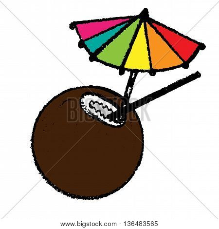 Cocktail with a coconut and bright umbrella. Beach drink vector icon isolated on white background.