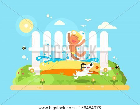 Little but in garden pool having fun. Sumer vication, running dog. Flat vector illustration