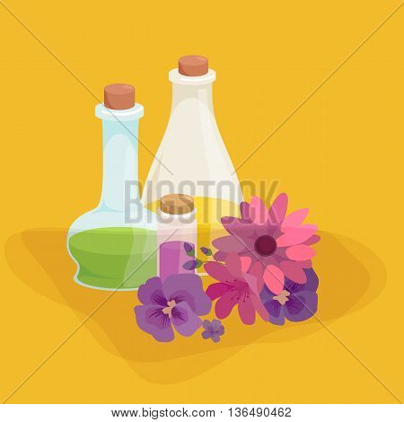 Bottles with organic essential aroma oil and soap bar set vector illustration
