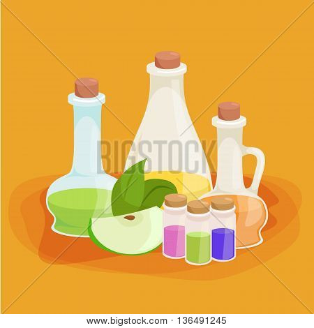 Bottles with organic essential aroma oil and soap bar set vector illustration